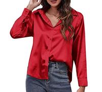 2025 Camicia da donna in raso imitazione seta a maniche lunghe camicia europea americana abbigliamento di frontiera camicetta body donna 46, Colore: rosso, M