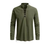 2025 Camicia da uomo a maniche lunghe hippie camicia da spiaggia con colletto alto, misto lino leggero, camicia per il tempo libero per l'estate all'aperto e stile boho, verde militare, XXL