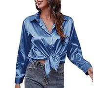 2025 Camicia di raso da donna in seta imitazione camicia a maniche lunghe europea e americana frontiera del commercio estero Abbigliamento da donna Camicetta da donna floreale chiffon, Blu, XXL