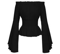 2025- Camicia Medieval Da Donna Con Spalla-Nudee- Top Gotico Vintage Manica Tromba Casual Steampunk Chic Corte Tunica Rinascimento Vittoriano Halloween Carnevale Cosplay Elasticità Shirt, Nero , S