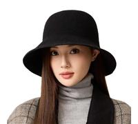 2025 Cappello da Donna Elegante in Lana A Secchiello con Cloche, A Tesa Larga, in Feltro di Lana, Cappello Fedora Vintage Caldo da Pescatore da Chiesa(Black)