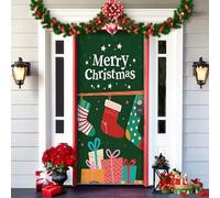 2025 Christmas and Halloween Front Door Decoration, Christmas Front Door Decoration Cover, Removable Doors Covers Decorative with Elastic, Fabric Hanging Poster Xmas Holiday Party Ornament(I)