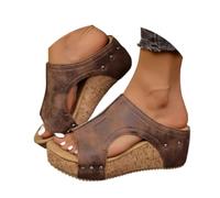 2025 Cork Wedges & Platform Slides Women's Thick Sole Comfy Leather Wedge Non-slip Summer Sandals Cork Sandals (Brown,36)