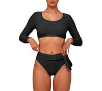 2025 Costumi da bagno da donna Crop Top a vita alta Bikini Set Rash Guard Costume da bagno a maniche lunghe Costumi da bagno Pantaloncini per le donne e top, Nero , XXL