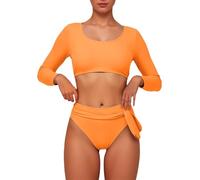 2025 Costumi da bagno da donna Crop Top a vita alta Bikini Set Rash Guard Costume da bagno a maniche lunghe Costumi da bagno Pantaloncini per le donne e top, Giallo, XXL