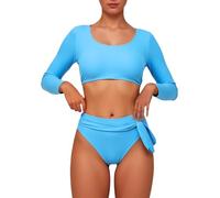 2025 Costumi da bagno da donna Crop Top a vita alta Bikini Set Rash Guard Costume da bagno a maniche lunghe Costumi da bagno Pantaloncini per le donne e top, Blu, XXL