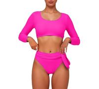 2025 Costumi da bagno da donna Crop Top a vita alta Bikini Set Rash Guard Costume da bagno a maniche lunghe Costumi da bagno Pantaloncini per le donne e top, Rosso, XXL