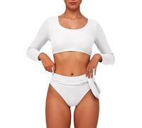 2025 Costumi da bagno da donna Crop Top a vita alta Bikini Set Rash Guard Costume da bagno a maniche lunghe Costumi da bagno Pantaloncini per le donne e top, bianco, XXL