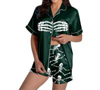 2025 Costumi di Halloween Adulto Donne Ragazza Pigiama Set con Fascia Benda Capelli Cravatta Bambino Ragazza Raso Button-up Pigiama Sleepwear Corrispondenza Breve Set, Verde scuro, XXL