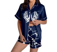 2025 Costumi di Halloween Adulto Donne Ragazza Pigiama Set con Fascia Benda Capelli Cravatta Bambino Ragazza Raso Button-up Pigiama Sleepwear Donna Pigiama Morbido, Blu scuro, L