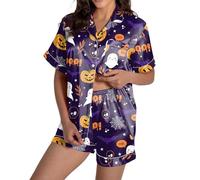 2025 costumi di Halloween donne adulte donne casual halloween stampato pigiama set seta raso maniche corte button up top e pantaloncini set camicia da notte accappatoio, Viola, XL
