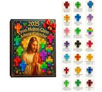 2025 Cross Molten Glass Pocket Hug Avvento Calendar, 24 Day Countdown with Stained Glass Crosses & Daily Bible Verses, Christmas Cross Advent Countdown, Christmas Tree Ornament (Verde)