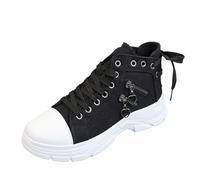 2025 Denim Canvas High Top Scarpe da donna per la primavera e l'estate traspirante suola spessa altezza crescente scarpe casual sport stivali corti stivaletti da donna stivaletti e punta aperta, Nero