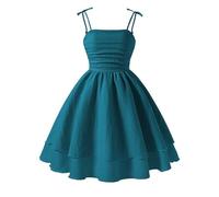 2025 Donne Estate Mini Abito Da Cocktail Cinghia Increspato Collo Quadrato A Strati Senza Maniche Una Linea Abito Corto Ragazze Rosa, Verde scuro, 8 anni