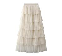 2025 Donne Media Lunghezza Gonna Danza Festa A Linea A Vita Alta Gonna A Livelli Festa di Vacanza Costume Mezze Gonne, Beige, Taglia unica