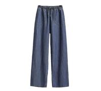 2025 Estate A Vita Alta Donne Jeans Sottile Denim di Cotone Alla Caviglia-Lunghezza Pantaloni Elastico Addolcitore Gamba Larga Pantaloni V891, Blu scuro, L