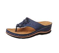 2025 Estate Flip Slider Donna Strap On Flops Roman Slip Flat Clip Sandali T Sandali comodi con supporto per arco plantare aperto pizzo da donna scarpe da donna alte, Blu, 42 EU Larga
