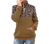 2025 Felpa Camicia Donna Peluche Manica Lunga Maglione Girocollo Stampato Leopardo Top Top Outdoor Oversize Abbigliamento per Autunno Inverno Primavera Giacca con Cerniera, cachi., L