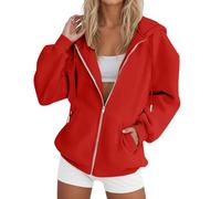 2025 Felpa con Cappuccio e Zip Giacca Pile da Donna Autunno Invernale Manica Lunga Cotone Taglie Comode Hoodie Sweatshirt Classico Oversize Pullover per Sportiva Casual in Stile College Rosso XL