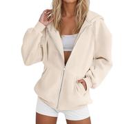 2025 Felpa con Cappuccio e Zip Giacca Pile da Donna Autunno Invernale Manica Lunga Cotone Taglie Comode Hoodie Sweatshirt Classico Oversize Pullover per Sportiva Casual in Stile College Beige M
