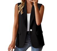 2025 Gilet estivo da donna senza maniche, leggero, completamente foderato, alla moda, casual, da lavoro, con tasche, cappotto senza maniche da donna, tinta unita, cardigan con risvolto casual, Nero