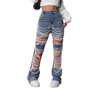 2025 Jeans da donna in denim ad alta elasticità con decorazioni di perle Dettagli invecchiati Design a gamba larga Pantaloni lunghi casual comodi per l'uso quotidiano Costume da rifugiato, Blu, M