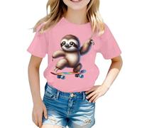 2025 Maglietta a maniche corte per ragazze in estate con simpatico motivo animale, vestibilità casual, casual, scollo rotondo, comoda maglietta da indossare tutti i giorni, Colore: rosa., 6-7 Anni