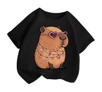 2025 Maglietta estiva a maniche corte da ragazza con scollo rotondo casual, top stampato per la vita di tutti i giorni a scuola giocare all'aperto maglietta comoda, Nero , 2-4 Anni