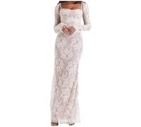 2025 - Maxi abito sexy con scollo quadrato e cinture, pizzo trasparente, maniche lunghe, dettagli all'uncinetto e sciarpa, elegante abito da sera da donna originale, bianco, L