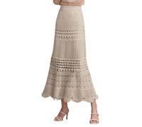 2025 Maxi gonna da donna allungata a vita alta all'uncinetto scava fuori maglia fluida in pizzo fantasia, Beige, L