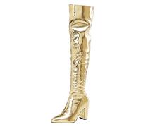 2025 Metallic Over The Knee High Boots Punta a punta Tacchi spessi Strato interno corto Alto Raccogliere Abito alla moda Stivali con cerniera sopra il ginocchio per le donne in, Oro, 38.5 EU
