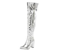 2025 Metallic Over The Knee High Boots Punta a punta Tacchi spessi Strato interno corto Alto Raccogliere Abito alla moda Stivali con cerniera sopra il ginocchio per le donne in, Argento, 37.5 EU