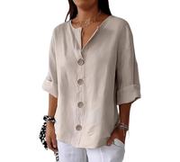 2025 New Cotton And Linen Three-Quarter Sleeve Shirt for Women, Loose V-Neck Solid Color Roll Sleeve Shirt (Apricot,L)