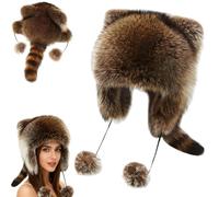2025 New Winter Cute Raccoon Plush Hats for Women Men, Cute Faux Fur Raccoons Tail Parent-Child Plush Hat (IT, Testo, M, Brown)
