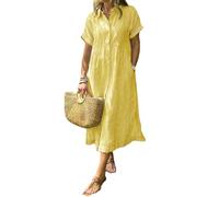 2025 New Women's Boho Striped Shirt Dress Button Up Side Slit Loose Mid Long Cotton Dress with Pockets (Yellow,4XL)