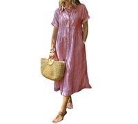2025 New Women's Boho Striped Shirt Dress Button Up Side Slit Loose Mid Long Cotton Dress with Pockets (Red,3XL)