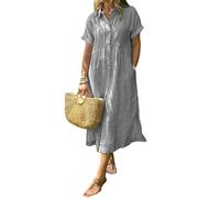 2025 New Women's Boho Striped Shirt Dress Button Up Side Slit Loose Mid Long Cotton Dress with Pockets (Gray,XXL)