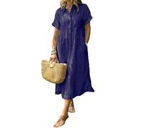 2025 New Women's Boho Striped Shirt Dress Button Up Side Slit Loose Mid Long Cotton Dress with Pockets (Navy,3XL)