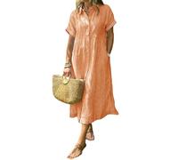 2025 New Women's Boho Striped Shirt Dress Button Up Side Slit Loose Mid Long Cotton Dress with Pockets (Orange,M)