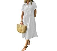 2025 New Women's Boho Striped Shirt Dress Button Up Side Slit Loose Mid Long Cotton Dress with Pockets (White,M)