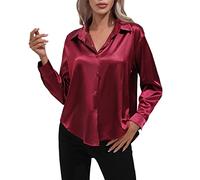 2025 Nuova Camicia Da Notte Abbottonata Frontale Manica Lunga - Camicia Ingressabile Donna Senza Stiratura Camicetta Mezza Stagione Camicette Casual Top Taglia Top Tinta unita Pigiama, Vino, XL