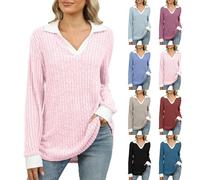 2025 Nuova T-shirt Manica Lunga Donna Oversize, T-shirt Donna Chic Ed Elegante, Tshirt Risvolto Camicetta A Righe Top Mi Long Top Inverno Abbigliamento Casual T-shirt Colore Assemblare Tshirt, azzurro
