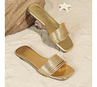 2025 Nuovi arrivi estivi, sandali piatti da donna con punta quadrata, stile semplice a righe, colore oro, adatti per outfit da spiaggia EUR35,EUR36,EUR37,EUR38,EUR39,EUR40,EUR41,EUR42,EUR43Colore unic