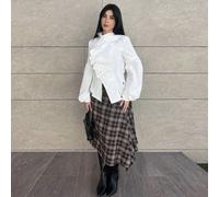 2025 Nuovi arrivi Minimalismo Autunno Inverno Donna Camicetta di moda con maniche a palloncino e volant, colore unito, camicia con volant, camicetta con maniche a lanterna, camicetta con maniche a pal