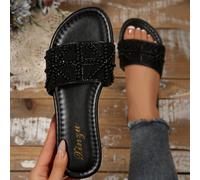 2025 Nuovi Arrivi Pantofole da Donna, Tacco Quadrato Piatto Punta Tonda con Strass e Perle, Ciabatte Casual di Lusso Slip-On Taglie Forti, Versatili e Antiscivolo, Outfit Primavera Estate CN35,CN36,CN