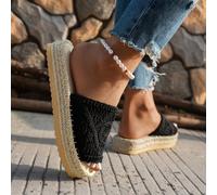 2025 Nuovi sandali piatti in paglia intrecciata asimmetrici e cavi per l'estate, per donne, taglie comode, stile bohémien, vintage, casual, adatti per spiaggia, picnic, campeggio, colore nero, sandali