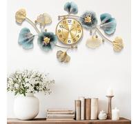 2025 Nuovo Orologio da Parete, Orologio da Parete Grande, Silenzio Decorazione Parete, 3D Design delle Foglie Ginkgo in Metallo, per Soggiorno, Orologio Cucina da Parete (Colore Oro Blu, 92CM)