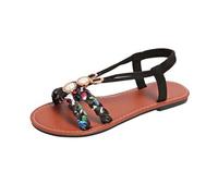 2025 Sandali Donne Estate Elegante Piatto Strass Bohemia Cinghie A T Donne Suole Morbide Scarpe Estate Elastico Slingback Infradito Ragazze Scarpe Da Spiaggia, Nero , 39 EU