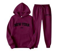 2025 Set di felpe con cappuccio con stampa a lettere per coppie, unisex, tema york, abbigliamento casual, comoda tuta elegante con cardigan motivo floreale, Vino, S