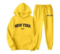 2025 Set di felpe con cappuccio da jogging con stampa a lettere per coppie, unisex, tema york, abbigliamento casual, comoda ed elegante tuta con felpa gatto, giallo., S